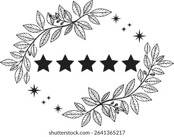 Five-Star Rating Silhouette, Black and White Line Art with Leaves and Stars