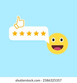 A five-star rating speech bubble with a thumbs up and a smiling face. Flat style vector illustration