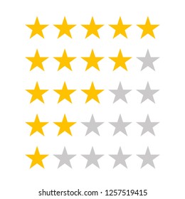  Five-star rating. Star review rating vector icons. Star rating zero up to five. Five stars customer product rating review icon for apps and websites. Vector illustration.