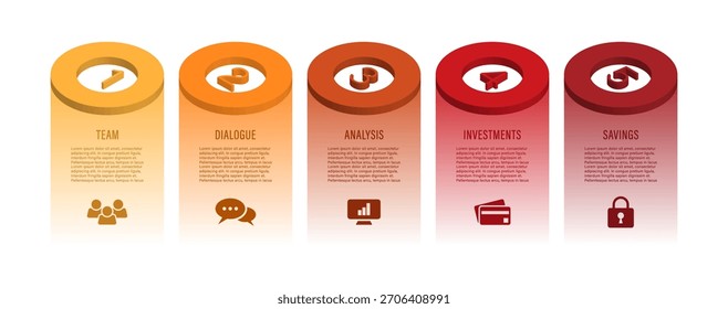 Infográfico 3D de cinco etapas com formas cilíndricas de gradiente. Perfeito para apresentações comerciais e visuais de fluxo de trabalho.
