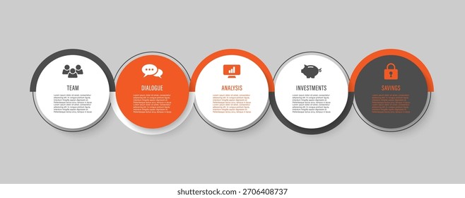 Infografía circular de cinco pasos con diseño moderno de colores divididos. Ideal para presentaciones de negocios y efectos visuales de flujo de trabajo.