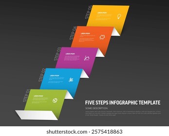 Five-step dark infographic template from folded paper displays sequential information. Each step is marked with distinct colors and icons, enhancing the visual appeal of the infographic template.