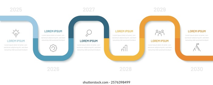 A five-step infographic in the form of a road or timeline. A diagram for a presentation, website, or booklet. Modern six-step infographics with editable icons