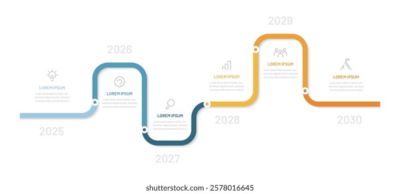 A five-step infographic in the form of a road or timeline. A diagram for a presentation, website, or booklet. Modern six-step infographics with editable icons