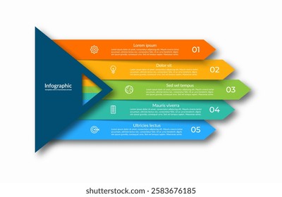 Five-step infographic with horizontal arrow-shaped sections that numbered and contains place for text block and icon. Suitable for business presentations, marketing materials, educational resources.