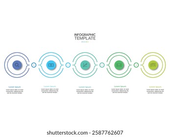 Five-step infographic template. Concept with 5 Circular and marketing icons. Vector illustration. 