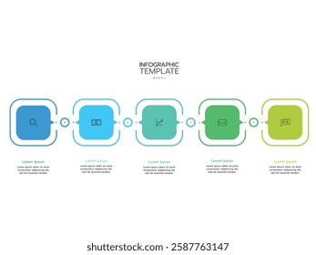Five-step infographic template. Concept with 5 rectangular and marketing icons. Vector illustration. 