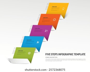 Five-step infographic template from folded paper displays sequential information. Each step is marked with distinct colors and icons, enhancing the visual appeal of the infographic template.