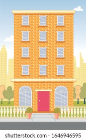 Five-Storied Apartment House Building Exterior behind Curly Fence. Urban Modern Constriction with Flat Roof, Arched Window on First Floor and One Entrance. Residential Real Estate. Vector Illustration