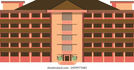 Five-Story Dormitory or Office Building Illustration in Flat Vector Style with Retro Coloring.