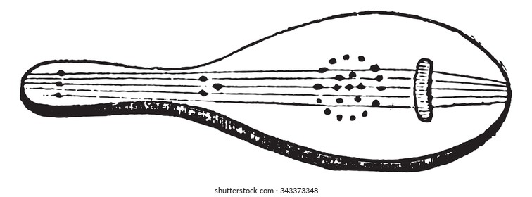 Five-string lute, thirteenth century, vintage engraved illustration. Industrial encyclopedia E.-O. Lami - 1875.
