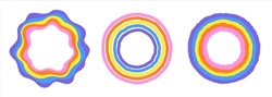 Five-striped hand brush drawn rainbow circles, round striped shapes collection. Uneven wavy artistic doodle stripes, bright retro colorful frames set. Creative unusual surreal psychedelic templates.