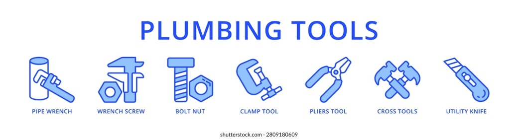 Fix any pipe with pipe wrench, wrench screw, bolt nut, clamp tool, pliers, cross tools and utility knife icons for plumbing and repair work.