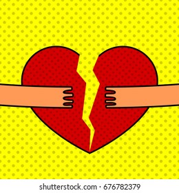 Fix a broken heart. Pop art vector illustration.