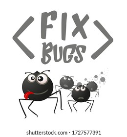 Fix bugs vector background. Funny cartoon illustration with running bugs. Design concept for IT solutions