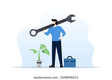 fix business problem concept, help solve problem, fix business in crisis or crisis management, smart businessman bring big wrench metaphor to fix problem. flat vector illustration on a white backgroun