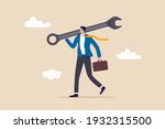 Fix business problem, help resolve problem, improve business in downturn or crisis management concept, smart businessman carrying big wrench metaphor of fixing problem.