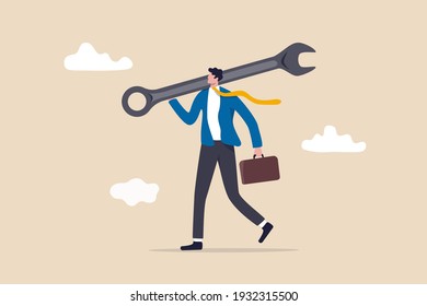 Fix Business Problem, Help Resolve Problem, Improve Business In Downturn Or Crisis Management Concept, Smart Businessman Carrying Big Wrench Metaphor Of Fixing Problem.