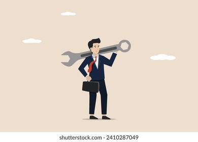 Fix business problem, help resolve problem, improve business in downturn or crisis management concept, smart businessman carrying big wrench metaphor of fixing problem.