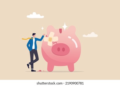 Fix financial problem, investment or saving impacted by crisis or inflation, bankruptcy, deposit or budget concept, poor cracked piggy bank with bandage metaphor of fixing problem.