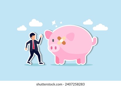 Fix financial problem, investment or saving impacted by crisis or inflation, bankruptcy, deposit or budget concept, poor cracked piggy bank with bandage metaphor of fixing problem.