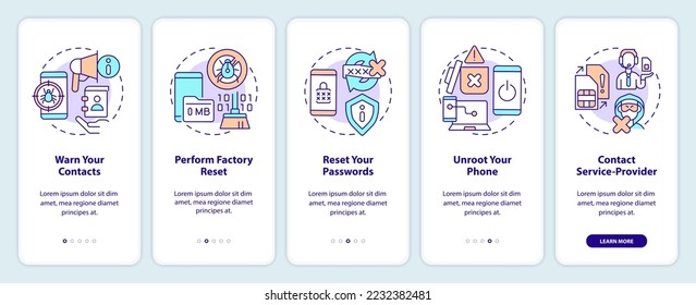 Fix hacked smartphone tips onboarding mobile app screen. Cybersecurity walkthrough 5 steps editable graphic instructions with linear concepts. UI, UX, GUI template. Myriad Pro-Bold, Regular fonts used