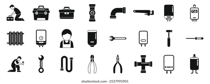 Fix heater pipeline icons set. Set of icons representing plumbing and heating services, featuring tools, equipment, and a plumber at work