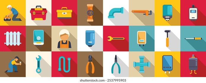 Fix heater pipeline icons set. Plumber icons set showing different plumbing tools, pipes, water heater, radiator and other plumbing equipment