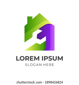fix house logo, house and wrench, combination logo with 3d  green and purple color style