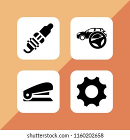 fix icon. 4 fix set with spark plug, tool, mechanic and work tools vector icons for web and mobile app