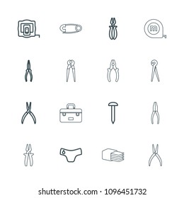 Fix icon. collection of 16 fix outline icons such as measure tape, children panties, nail, pliers, pin, toolbox. editable fix icons for web and mobile.