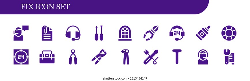 fix icon set. 18 filled fix icons.  Simple modern icons about  - Support, Paperclip, Screwdriver, Window, Pliers, Glue, Toolbox, Screw, Wrench