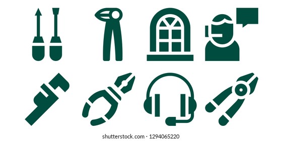  fix icon set. 8 filled fix icons. Simple modern icons about  - Wrench, Screwdriver, Pliers, Support, Window, Plier