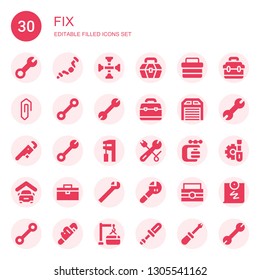 fix icon set. Collection of 30 filled fix icons included Wrench, Ratchet, Cross wrench, Toolbox, Clip, Garage, Vise, Screwdriver, Push pin, Maintenance