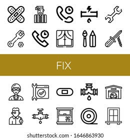 fix icon set. Collection of Band aid, Wrench, Watchmaker, Technical Support, Window, Broken pipe, Paint tools, Screwdriver, Technician, Service, Leak, Plaster, Medical tape icons