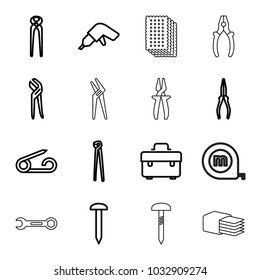 Fix icons. set of 16 editable outline fix icons such as pin, nail, toolbox, drill, pliers, measure tape, wrench