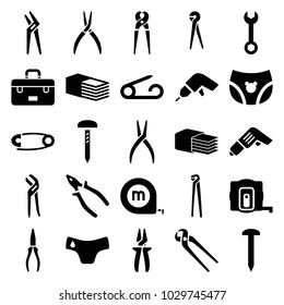 Fix icons. set of 25 editable filled fix icons such as measure tape, pin, children panties, nail, wrench, drill, pliers, bandage