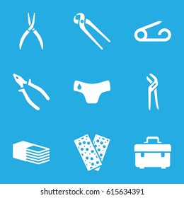 Fix icons set. set of 9 fix filled icons such as pin, children panties, toolbox, pliers