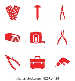 Fix icons set. set of 9 fix filled icons such as measure tape, nail, toolbox, drill, pliers