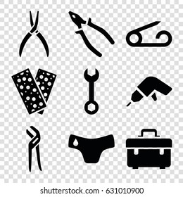 Fix icons set. set of 9 fix filled icons such as pin, children panties, toolbox, wrench, drill, pliers