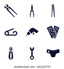 Fix icons set. set of 9 fix filled icons such as pin, children panties, wrench, drill, pliers