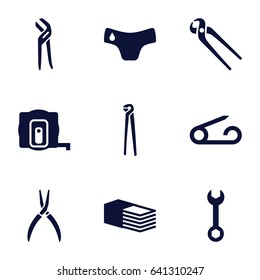 Fix icons set. set of 9 fix filled icons such as measure tape, pin, children panties, wrench, pliers