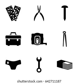 Fix icons set. set of 9 fix filled icons such as measure tape, children panties, nail, toolbox, wrench, pliers