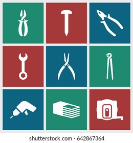 Fix icons set. set of 9 fix filled icons such as measure tape, nail, wrench, drill, pliers