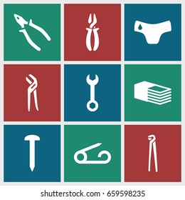 Fix icons set. set of 9 fix filled icons such as pin, children panties, nail, wrench, pliers