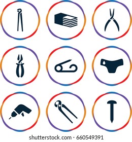 Fix icons set. set of 9 fix filled icons such as pin, children panties, nail, drill, pliers