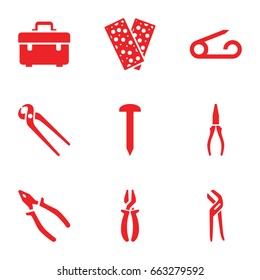 Fix icons set. set of 9 fix filled icons such as pin, nail, toolbox, pliers