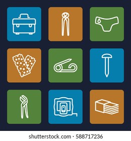 fix icons set. Set of 9 fix outline icons such as measure tape, pin, children panties, nail, toolbox, pliers
