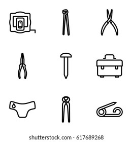 Fix icons set. set of 9 fix outline icons such as measure tape, pin, children panties, nail, toolbox