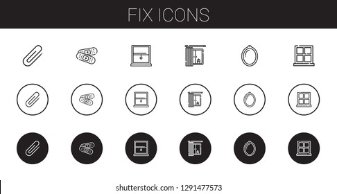 fix icons set. Collection of fix with clip, band aid, window. Editable and scalable fix icons.